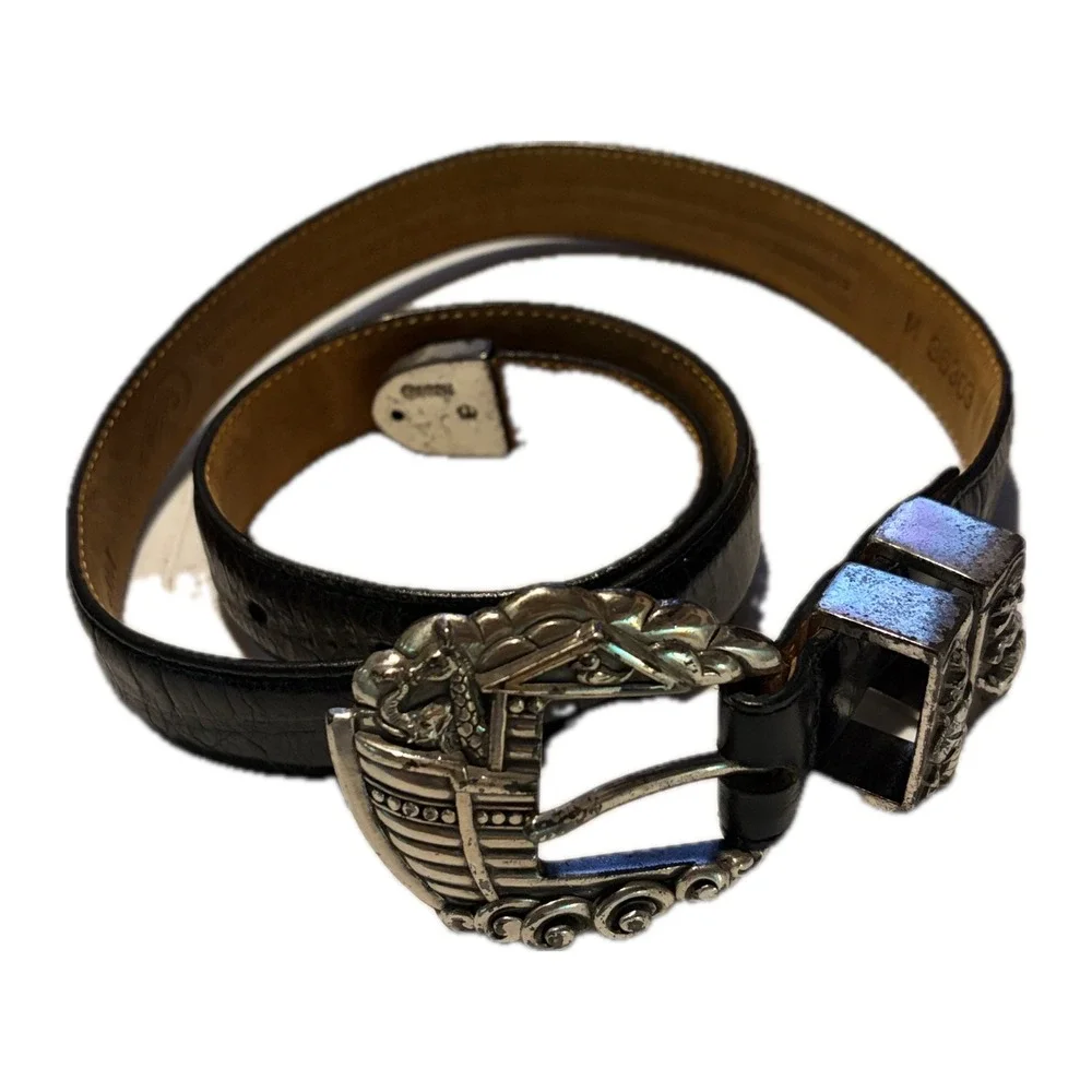 Vintage 90s Brighton Museum Belt Noahs Ark Black Leather Silver Medium  W-27-31